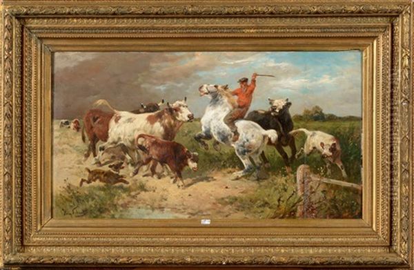 Vacher A Cheval Rassemblant Son Troupeau Oil Painting by Henry Schouten