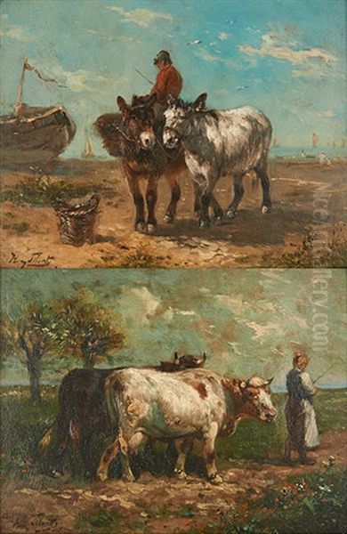 Deux Anes A La Peche & Vaches Et Jeune Femme (2 Works) Oil Painting by Henry Schouten