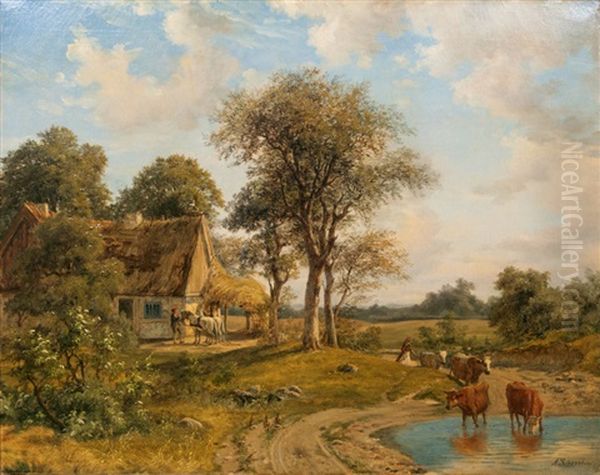 Landschaft Mit Kuhen An Der Tranke Oil Painting by Axel Thorsen Schovelin