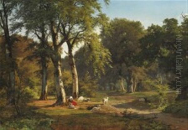 A Little Girl Watching The Sheep In A Clearing In The Forest Oil Painting by Axel Thorsen Schovelin