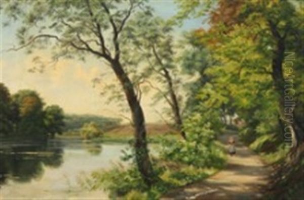 Pedestrian On A Lakeside Path Oil Painting by Axel Thorsen Schovelin