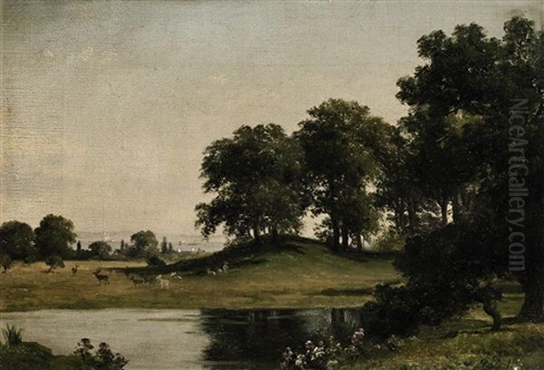 Landschaft Mit Weisen Und Braunen Hirschen Oil Painting by Axel Thorsen Schovelin