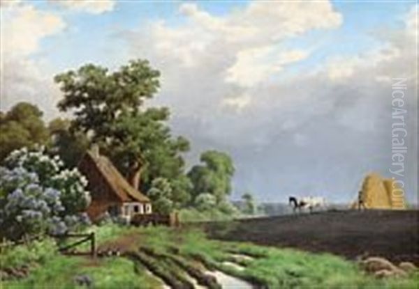 Field Landscape With A Peasant Plowing Oil Painting by Axel Thorsen Schovelin