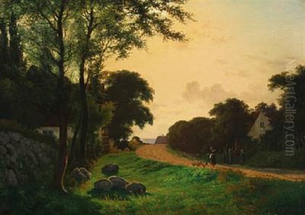 Village Street With A Woman Feeding Hens Oil Painting by Axel Thorsen Schovelin