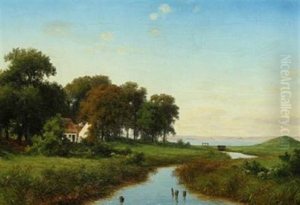 A Danish Summer Landscape With A Thatched House Oil Painting by Axel Thorsen Schovelin