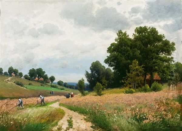 Erntelandschaft An Einem Prachtvollen Sommertag Mit Landarbeitern Bei Der Getreideernte Oil Painting by Josef Schoyerer