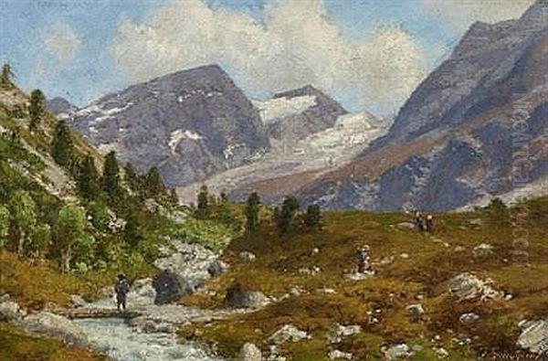 Wanderer In Gebirgslandschaft Oil Painting by Josef Schoyerer