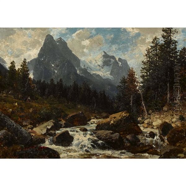 Gebirgsbach Mit Well- Und Wetterhorn Oil Painting by Josef Schoyerer