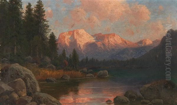 View Of Hintersee With The Hohe Goll Oil Painting by Josef Schoyerer