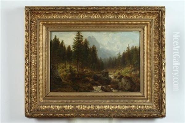 Mountain Landscape With Stream Oil Painting by Josef Schoyerer