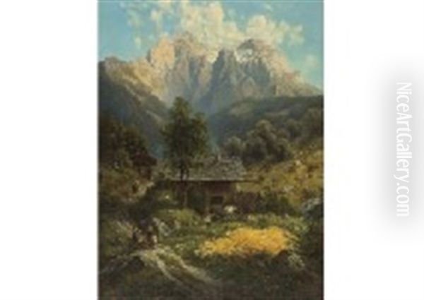 Landscape With Mountain Hut Oil Painting by Josef Schoyerer