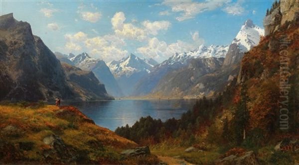 The Urnersee As Seen From Ruthli Oil Painting by Josef Schoyerer