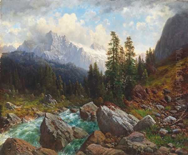 Mountain Torrent With A Storm Brewing In The Mountains Oil Painting by Josef Schoyerer