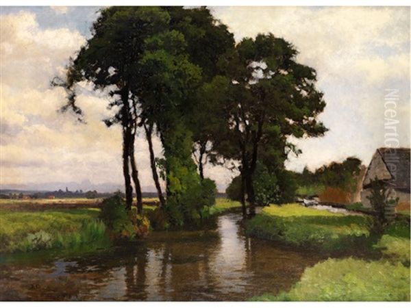 Sommerliche Flusslandschaft Mit Bauernhaus Oil Painting by Josef Schoyerer