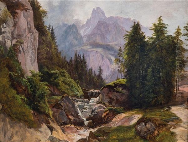 Sommertag Im Hochgebirge (wetterhorn) Oil Painting by Josef Schoyerer