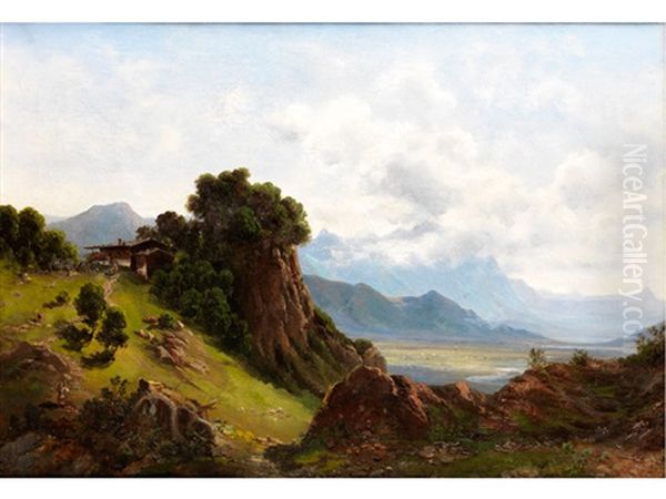 Voralpenlandschaft Mit Einer Alm Und Figurenstaffage Oil Painting by Josef Schoyerer