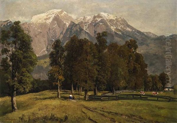 Schonau Bei Berchtesgaden Oil Painting by Josef Schoyerer