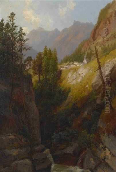 Gebirgslandschaft Mit Dorf - Wasserfall Im Gebirge (2 Works) Oil Painting by Josef Schoyerer