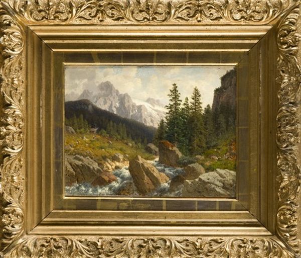 Alpine Landschaft Mit Wildbach U. Figurenstaffage Oil Painting by Josef Schoyerer