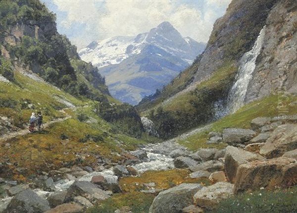 Bauernpaar Auf Einem Weg In Den Alpen Oil Painting by Josef Schoyerer