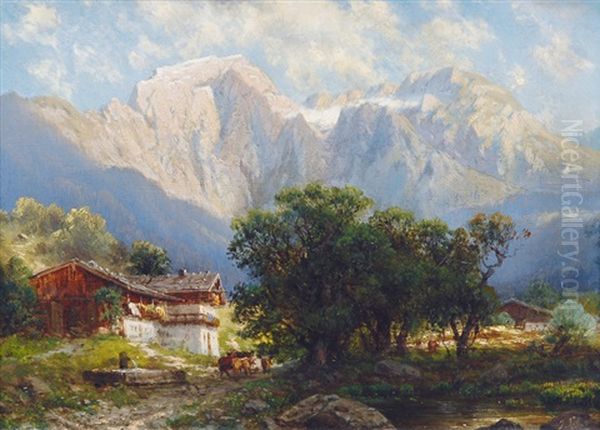 View On The Alps Oil Painting by Josef Schoyerer