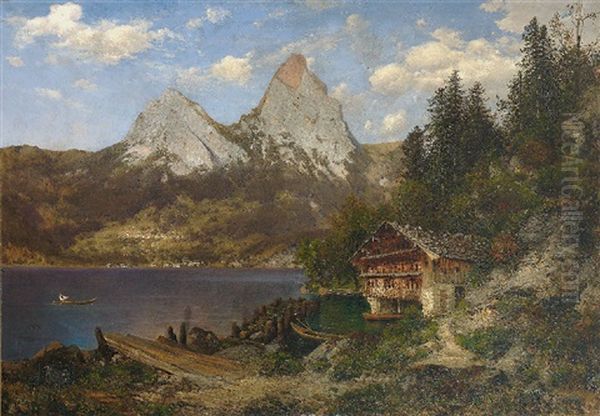 Die Mythen Mit Dem Lauerzersee An Einem Sommertag Oil Painting by Josef Schoyerer