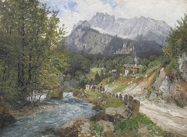 Alpenlandschaft Mit Bauern An Einem Gebirgsflus Oil Painting by Josef Schoyerer