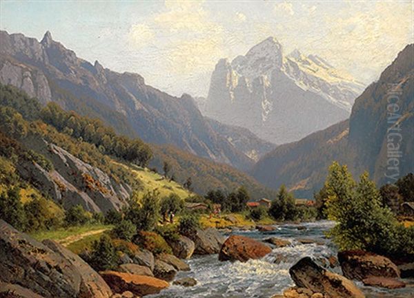 Blick In Besonntes Gebirgstal Mit Wildbach Und Aufragendem Massiv Oil Painting by Josef Schoyerer