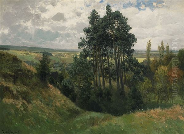 Sommerliche Landschaft Mit Stadtsilhouette Bei Abziehendem Gewitter by Josef Schoyerer