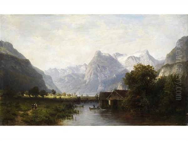 Gebirgslandschaft Mit Flusslauf, Fischerhutten Und Personen Im Kahn Oil Painting by Josef Schoyerer