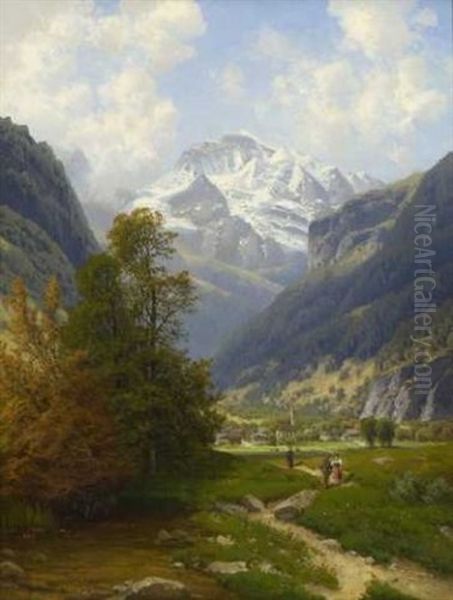 Gebirgstal Bei Interlaken Oil Painting by Josef Schoyerer