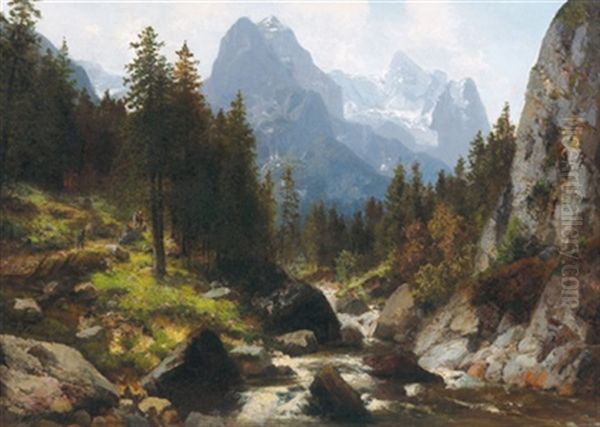 Blick Auf Wetterhorn Und Rosenlauigletscher Oil Painting by Josef Schoyerer