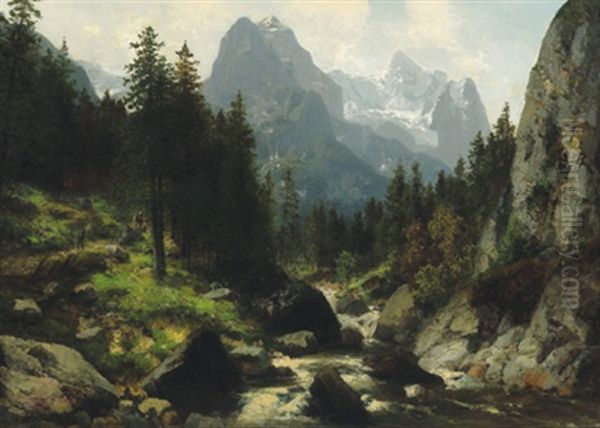 Blick Auf Wetterhorn Und Rosenlauigletscher Oil Painting by Josef Schoyerer