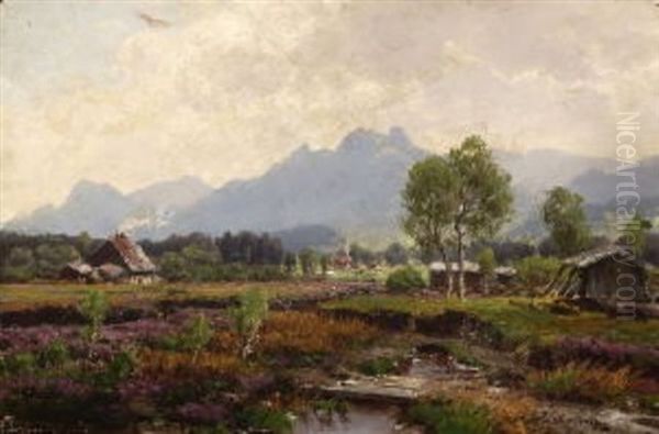 Moorlandschaft Im Vorgebirge: Murnauer Moor (+ Spazierganger Am Ufer Eines Voralpensees; 2 Works) Oil Painting by Josef Schoyerer