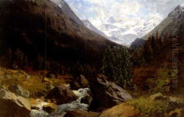 Gebirgsschlucht Mit Bach Oil Painting by Josef Schoyerer