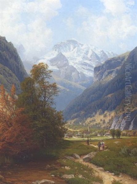 Schweizerisches Gebirgstal Mit Blick Auf Die Jungfrau Oil Painting by Josef Schoyerer