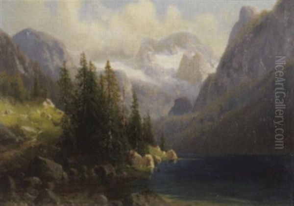 Bergsee Oil Painting by Josef Schoyerer