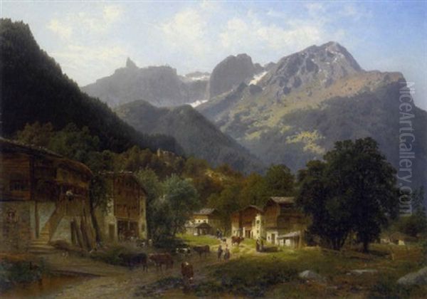 Gebirgsdorf Mit Bauern Und Vieh Auf Der Strase Oil Painting by Josef Schoyerer