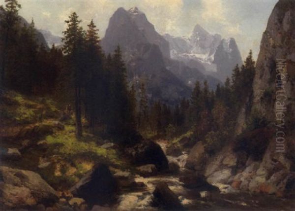 Blick Auf Wetterhorn Und Rosenauigletscher Oil Painting by Josef Schoyerer