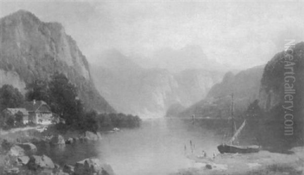 Boote Auf Gebirgssee Oil Painting by Josef Schoyerer