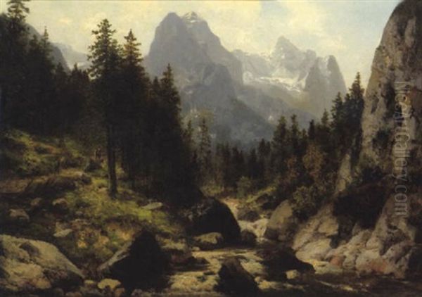 Blick Auf Wetterhorn Und Rosenlauigletscher Oil Painting by Josef Schoyerer