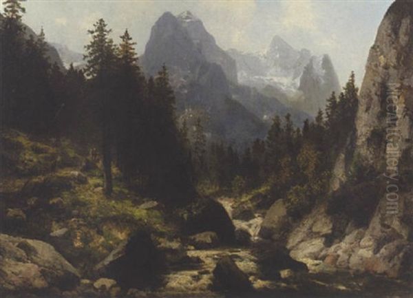 Blick Auf Wetterhorn Und Rosenlauigletscher Oil Painting by Josef Schoyerer