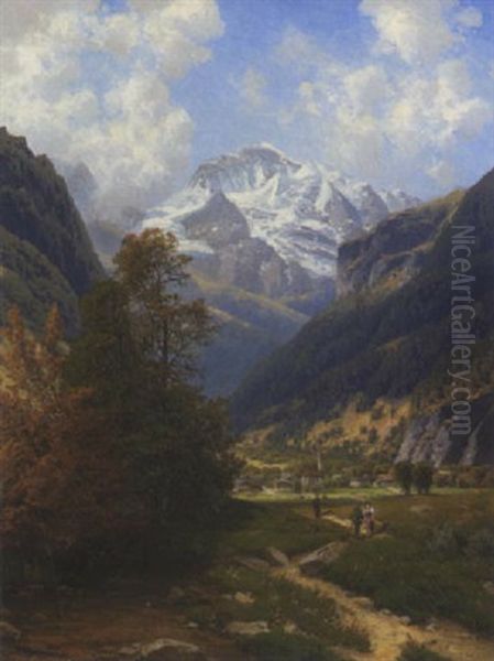 Ortschaft Im Alpental (interlaken?) Oil Painting by Josef Schoyerer