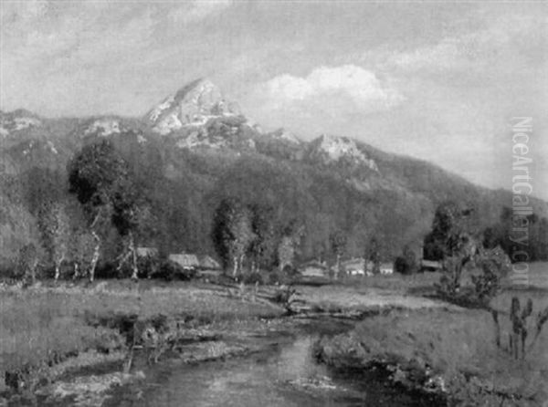 Bachlauf In Sommerlicher Voralpenlandschaft Oil Painting by Josef Schoyerer