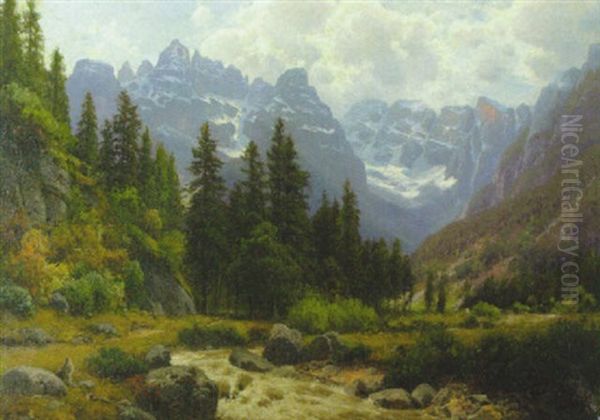 Blick Auf Den Monte Cristallo In Sudtirol Oil Painting by Josef Schoyerer