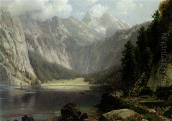 Malerischer Gebirgsee Mit Ubersetzendem Nachen Oil Painting by Josef Schoyerer