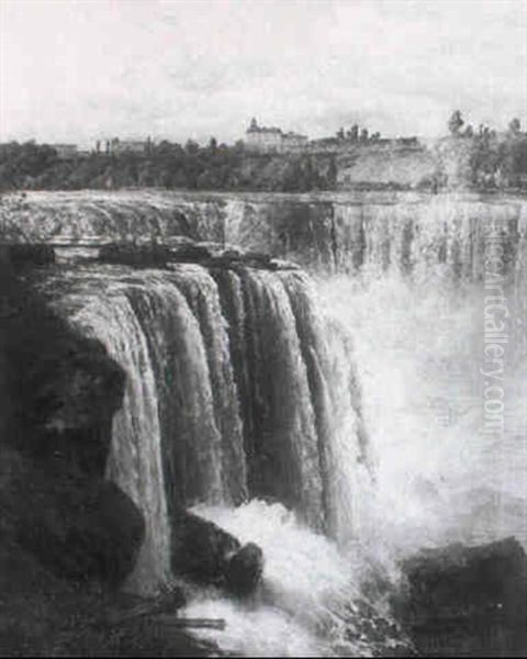 Wasserfall Mit Touristen Auf Dem Steg Vorn Oil Painting by Josef Schoyerer