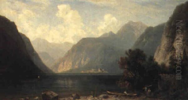 Mountain Lake Oil Painting by Josef Schoyerer