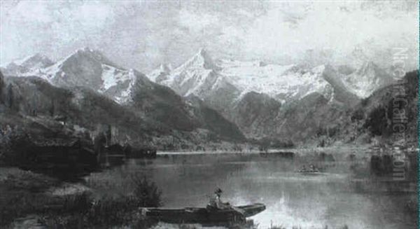 Bergsee Mit Einsamen Angler Im Vordergrund Oil Painting by Josef Schoyerer