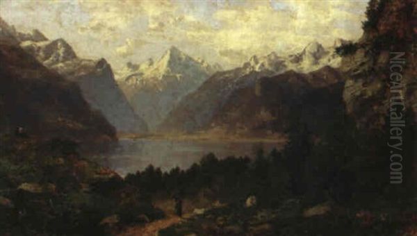 Romantische Gebirgslandschaft Oil Painting by Josef Schoyerer